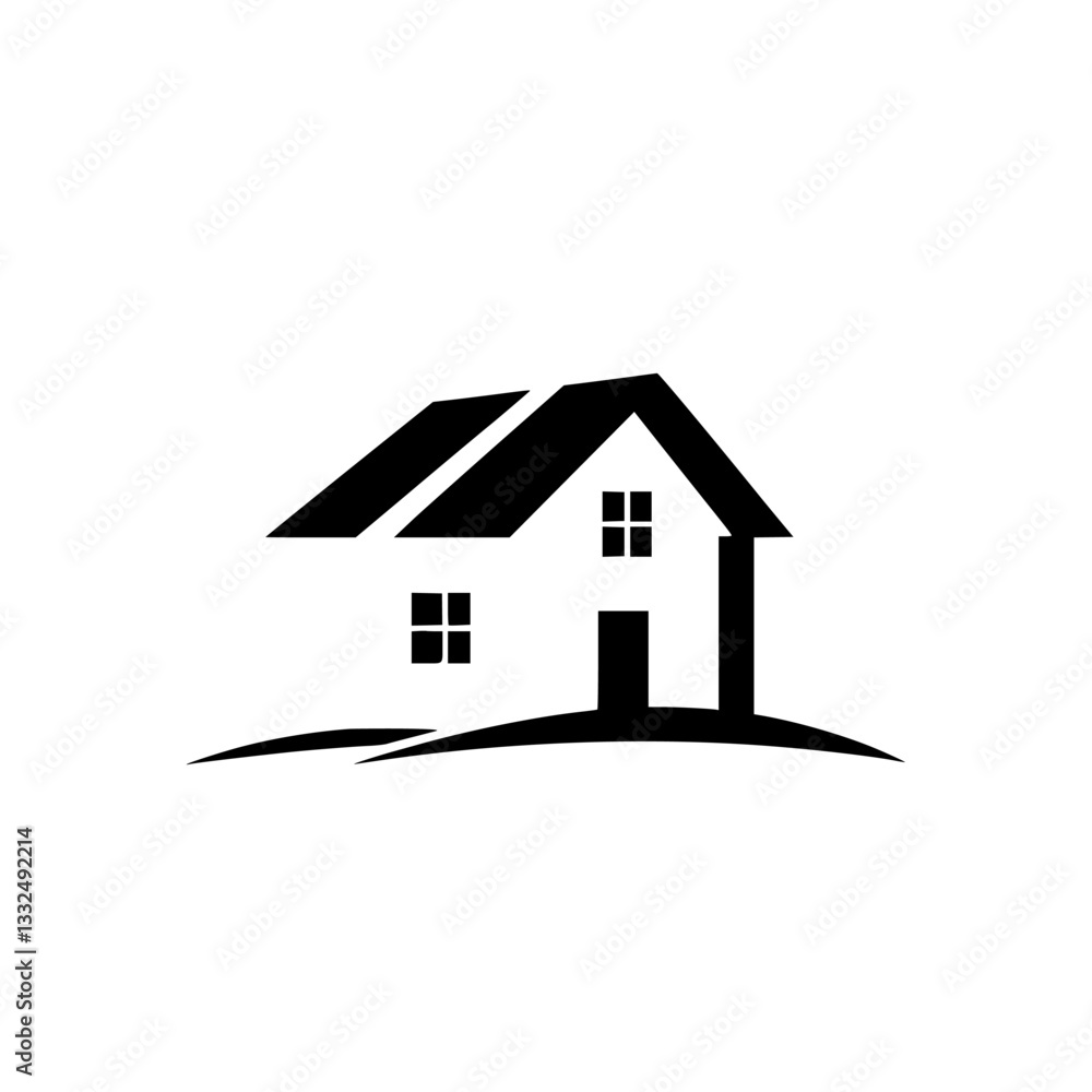Fototapeta premium Minimalist black and white illustration of a house with two windows, a door, and a stylized roof on a gentle, curved landscape, suggesting home, shelter, and simplicity.