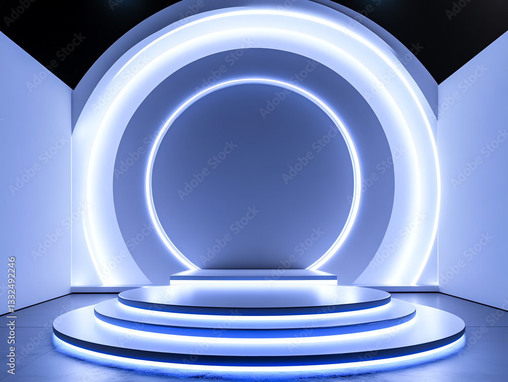Fototapeta premium Modern stage design with illuminated circular patterns.