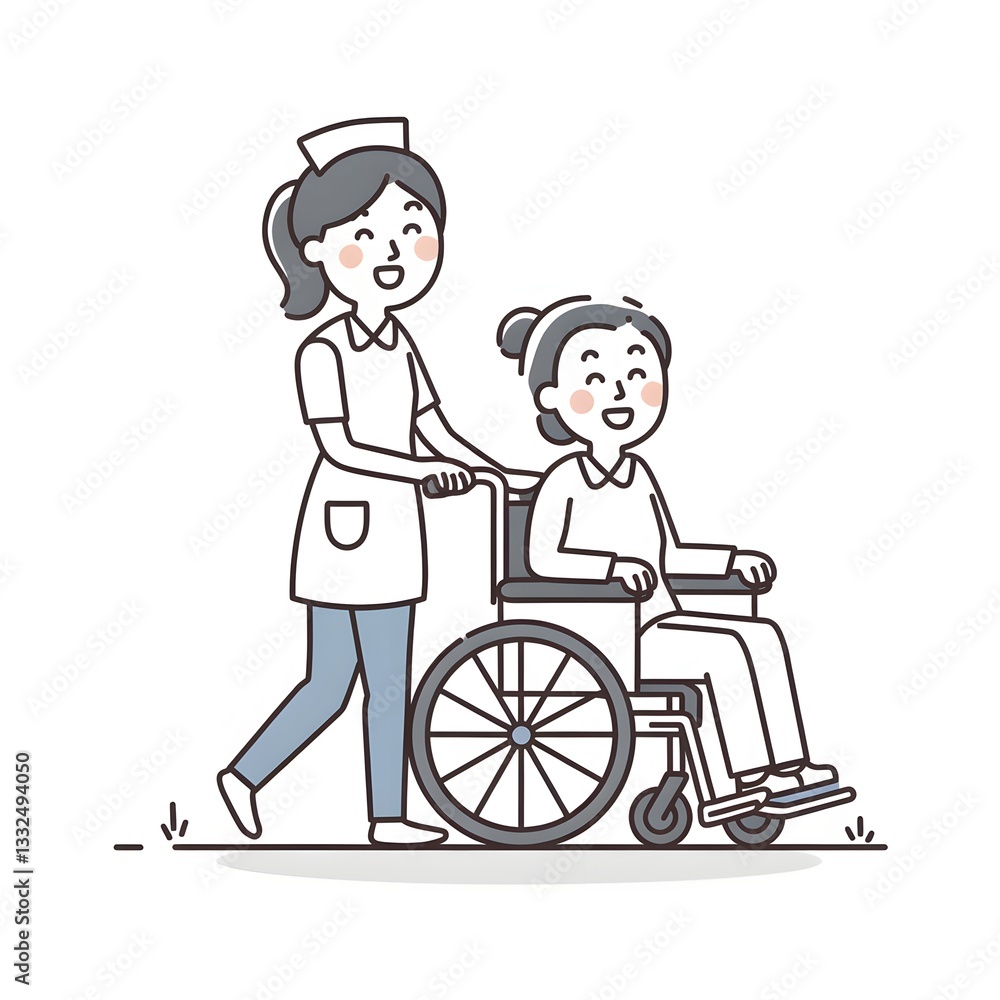 Caring Nurse Assisting a Happy Patient in a Wheelchair – Minimalist Healthcare Vector Illustration Caring Nurse Assisting a Happy Patient in a Wheelchair – Minimalist Healthcare Vector Illustration