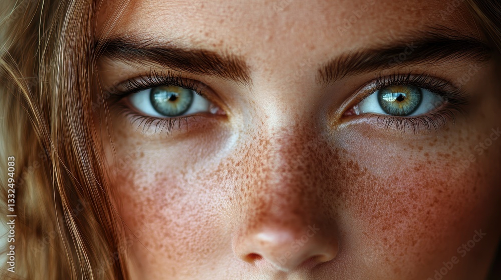 Fototapeta premium Close-up of young caucasian female with blue eyes and freckles