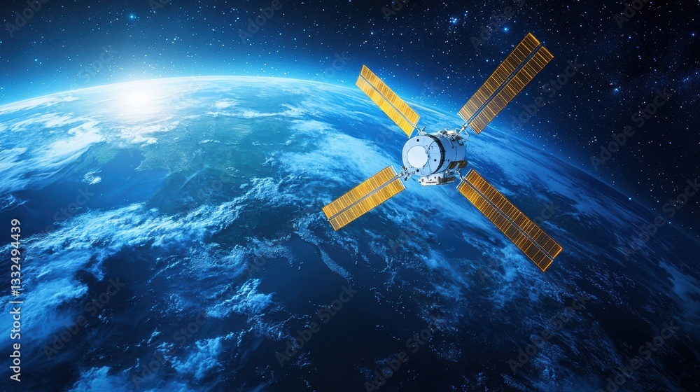Fototapeta premium Satellite Orbiting Earth in Stunning Space View with Sunlight