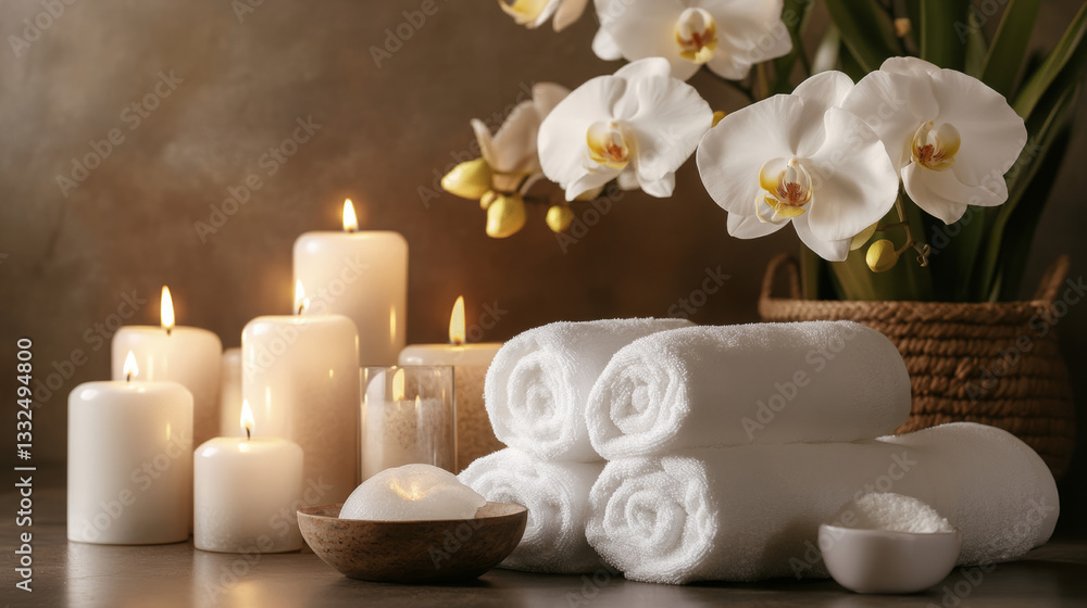 Luxurious spa setting with soft candlelight, rolled white towels, fresh white orchids, and soothing decor, creating a peaceful and relaxing atmosphere for wellness, self care, and aromatherapy Luxurious spa setting with soft candlelight, rolled white towels, fresh white orchids, and soothing decor, creating a peaceful and relaxing atmosphere for wellness, self care, and aromatherapy