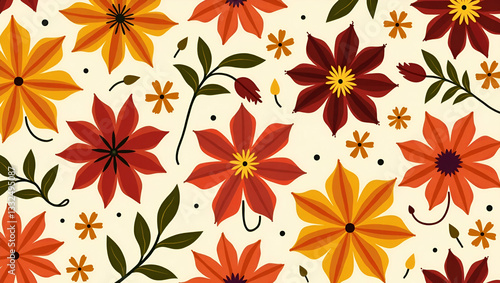 Wallpaper Mural Bold Red, Orange, and Yellow Autumn Flowers: A Vibrant Seamless Tile Pattern for Fall Decor - Simple Flat Vector Illustration for Smart Business Use Torontodigital.ca