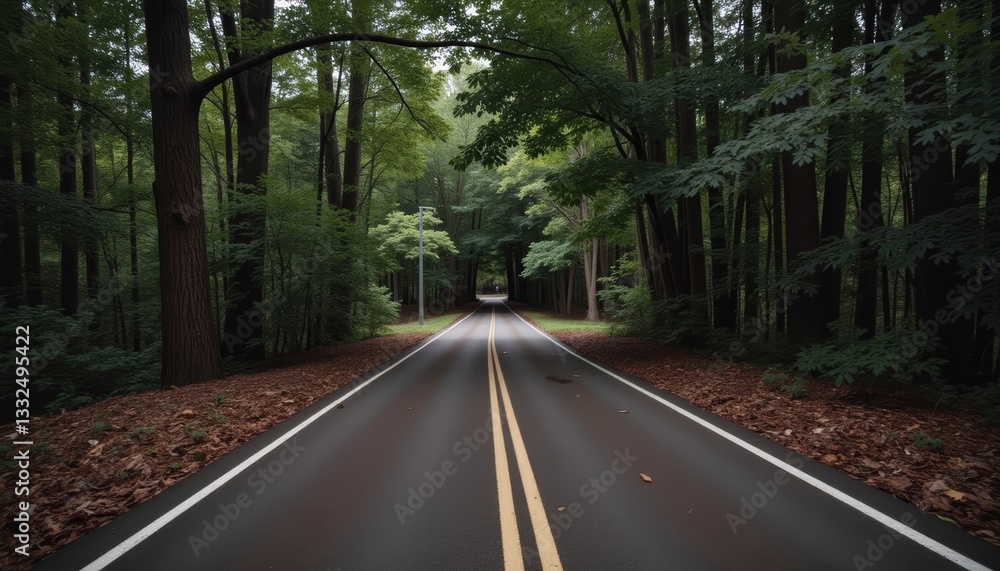Obraz premium Empty forest road, serene pathway, green tranquility