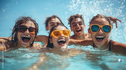 Diverse young adults enjoying a fun pool day with splashing water and sunglasses