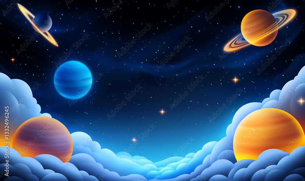 Fototapeta premium Surreal cosmic scene with glowing planets and nebula clouds in space