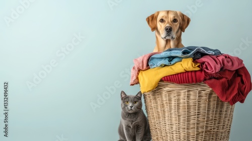 A dog sits atop a laundry basket filled with colorful clothes, while a gray cat rests beside it, creating a charming pet scene.