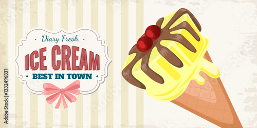 Ice cream yellow retro banner. Sweet cold dessert social media advertising. Vintage brand post with text. Branding for cafe or shop. Flat vintage Vector illustration.