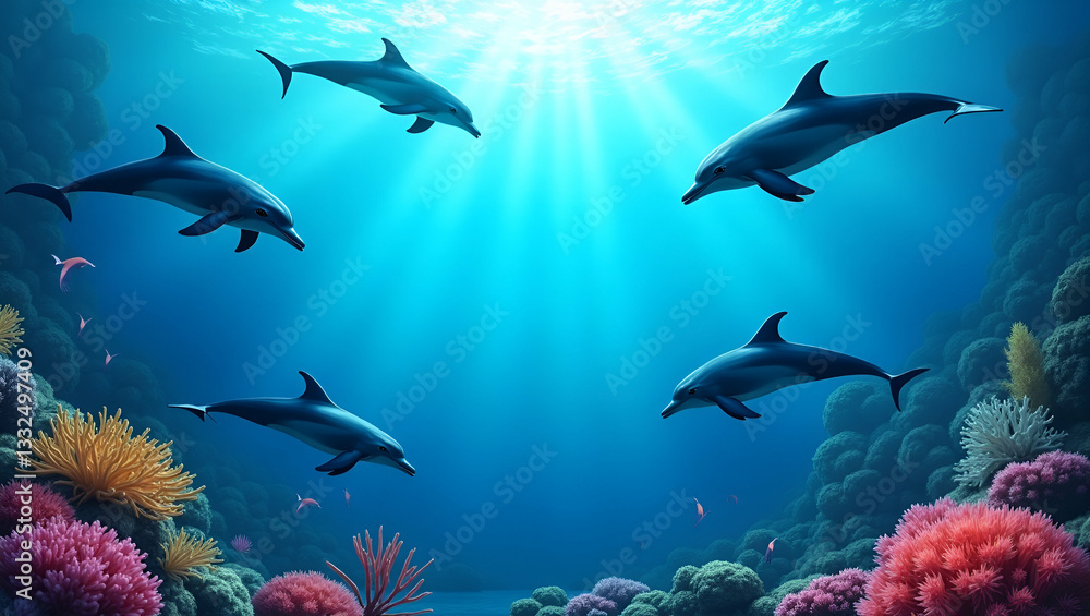 Obraz premium Playful Dolphins and Vibrant Coral Reefs: Conservation Photo Frame for World Oceans Day Messages