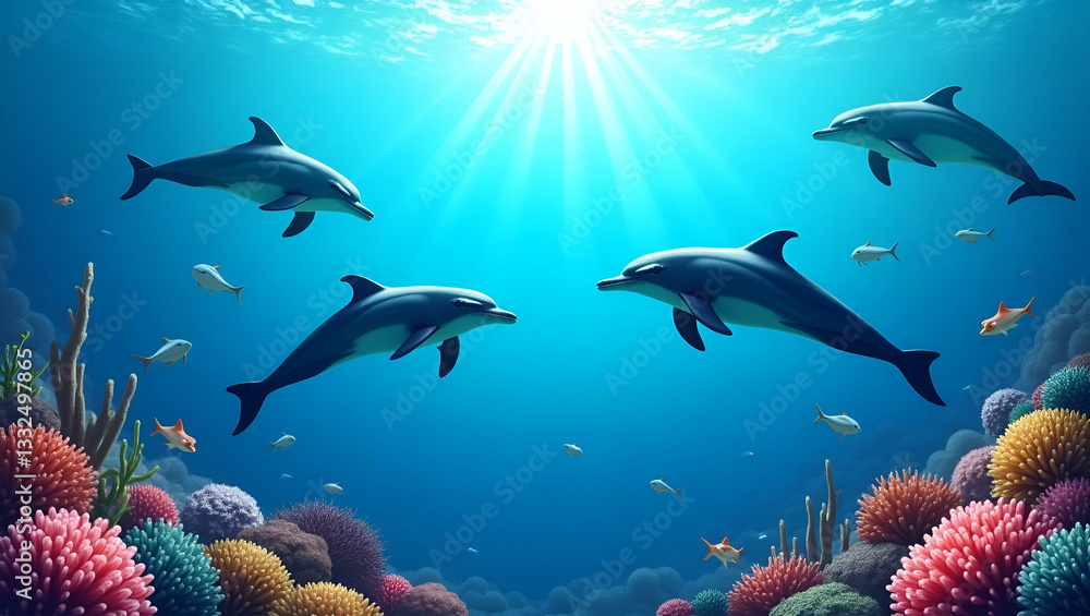 Fototapeta premium Playful Dolphins and Vibrant Coral Reefs Frame Conservation Message Space for World Oceans Day - Stunning Photo Stock Concept with Empty Left Side for Your Creative Ideas