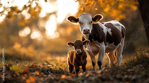 Autumnal Cow and Calf in Meadow