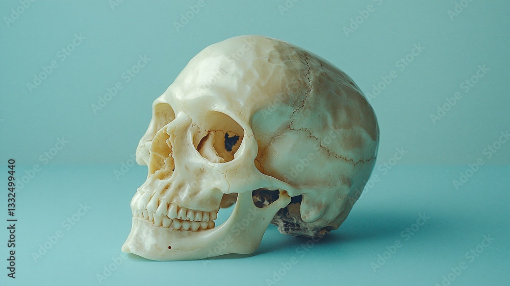 Naklejka premium Pale Skull Profile on Teal Background