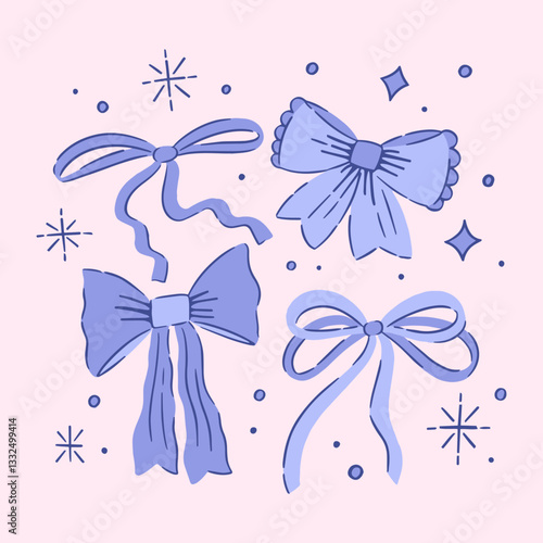 Set of cute bows. Valentine's day illustration. Design for posters, cards, invitations, social media. Vector elements.