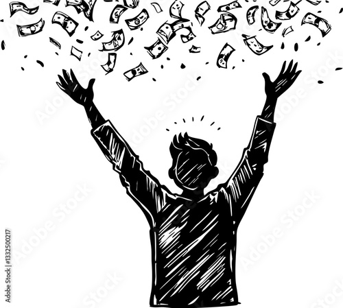 Celebratory moment person throwing money unknown location illustration digital upward perspective wealth and joy concept
