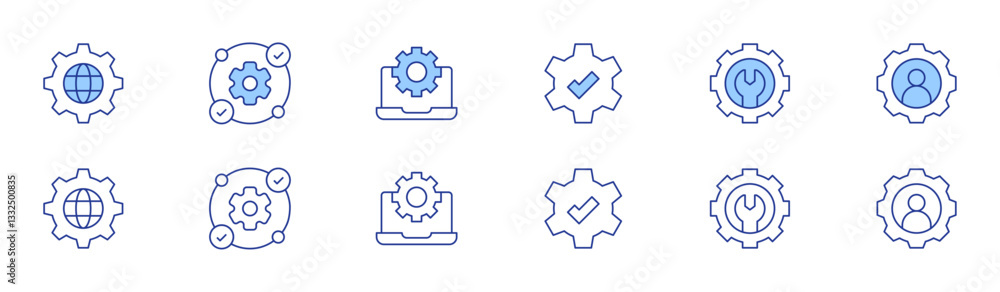 Gear icon set in two styles, Duotone and Thin Line style. Editable stroke. gear, reverse engineering, configuration, check, user Gear icon set in two styles, Duotone and Thin Line style. Editable stroke. gear, reverse engineering, configuration, check, user