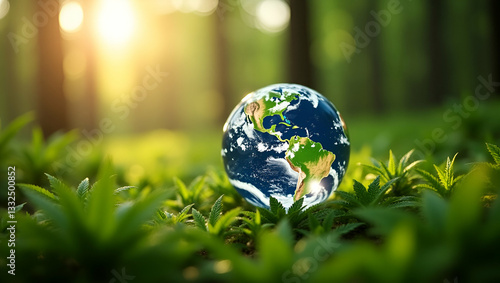 Flat Crystal earth rests on ferns in green grass forest illuminated by sunlight symbolizing environmental conservation ecology and Earth Day initiatives. concept as Crystal earth rests on ferns in gre