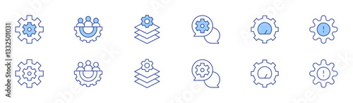 Gear icon set in two styles, Duotone and Thin Line style. Editable stroke. gears, team management, maintenance, chat, process, gear