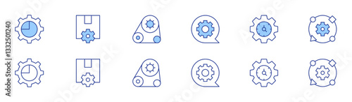 Gear icon set in two styles, Duotone and Thin Line style. Editable stroke. pie chart, order fulfillment, mechanism, options, time management, adaptation