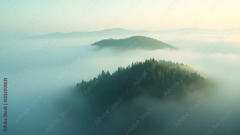 Fototapeta premium Dramatic Fog Rolling Over Mountain Peaks at Sunrise