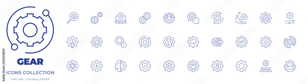 Gear icons collection. Thin Line icons, editable stroke. gear, settings, setting, progressive, machine learning, warning, software, cogwheels, gears, chat Gear icons collection. Thin Line icons, editable stroke. gear, settings, setting, progressive, machine learning, warning, software, cogwheels, gears, chat