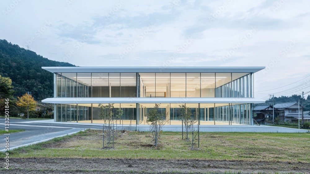 Obraz premium A modern glass building with a minimalist design, surrounded by nature, showcasing a blend of architecture and landscape.