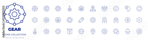 Gear icons collection. Thin Line icons, editable stroke. time management, gear, test tubes, internet, team, secure, bioengineering, api, cogwheels, labor