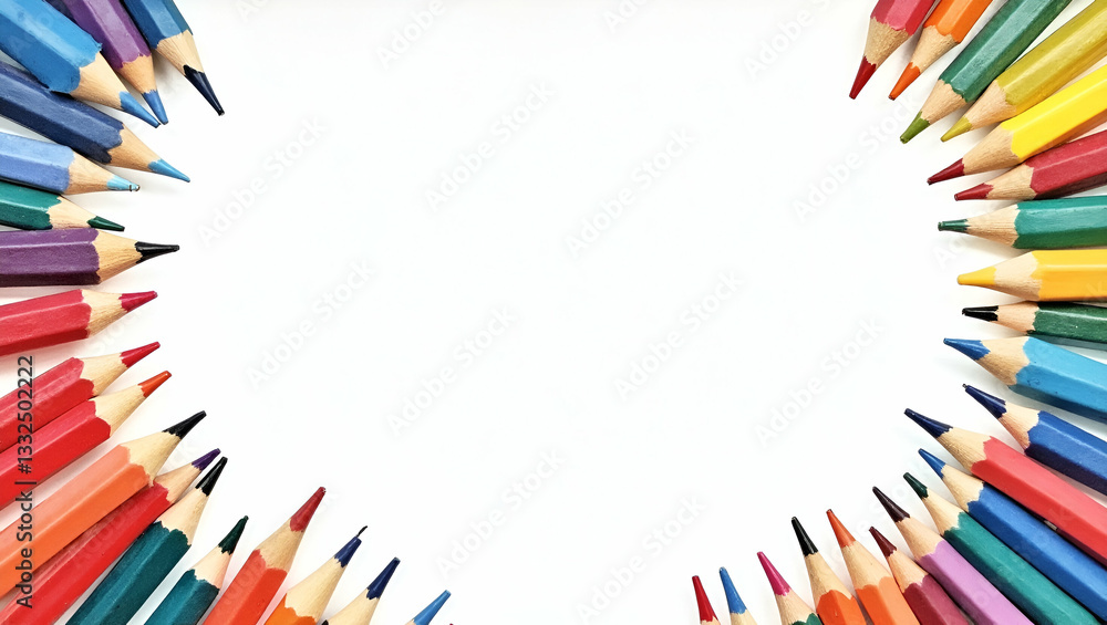 Fototapeta premium Vibrant Watercolor Frame with Colorful Books and Pencils for International Literacy Day - Creative Space for Literacy Themes in Photo Stock with Empty Left Side