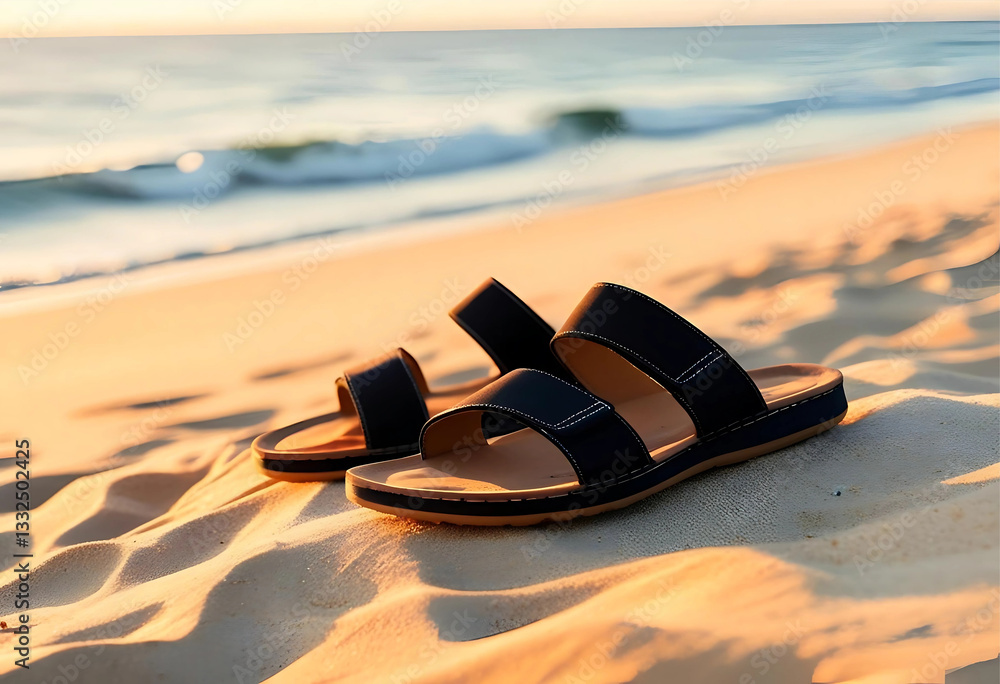 Pair of Black Sandals on Sunlit Sandy Beach with Gentle Ocean Waves and a Clear Sky in the Background – A Serene Depiction of Coastal Relaxation and Leisure Pair of Black Sandals on Sunlit Sandy Beach with Gentle Ocean Waves and a Clear Sky in the Background – A Serene Depiction of Coastal Relaxation and Leisure