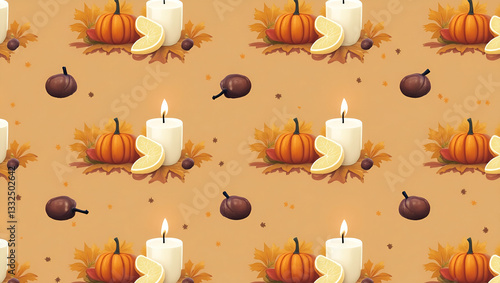 Seamless Flat Autumn Tile Pattern: Candles & Acorns for Cozy Decor