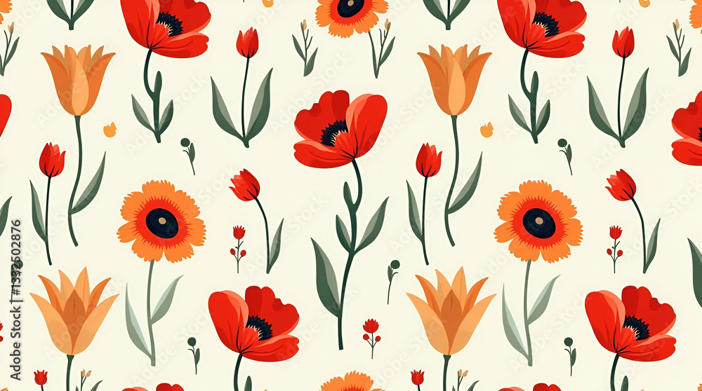 Fototapeta premium Bold Retro Spring Flower Seamless Pattern: Eye-Catching Poppies and Tulips for Unique Home Accents - Cute Vector Illustration for Stylish Decor
