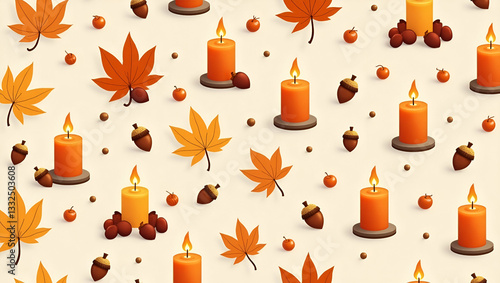 Seamless Flat Autumn Warmth Tile Pattern: Candles & Acorns for Cozy Fall Home Decor
