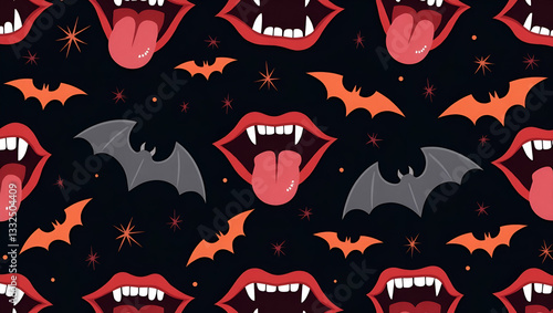 Flat Vampire fangs and bats seamless tile pattern with gothic elements and dark hues for spooky Halloween decor concept as Gothic vampire fangs and bats arranged seamlessly with dark hues for spooky H