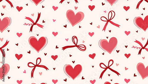 Flat Valentine hearts and ribbons seamless tile pattern with decorative bows and love motifs for elegant decor concept as Decorative bows and love hearts arranged seamlessly with ribbons for elegant V