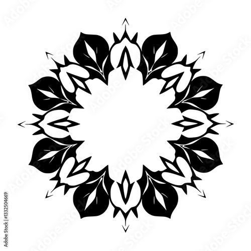 Intricate symmetrical black and white floral mandala design with sharp edges and leaf motifs on a pure white background.