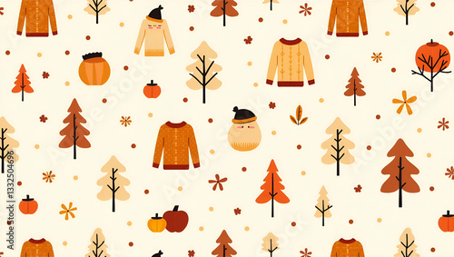 Cozy Sweaters and Autumn Trees Seamless Tile Pattern: Embrace Comfortable Fall Decor with Cute Vector Illustrations for a Warm Autumn Home Aesthetic