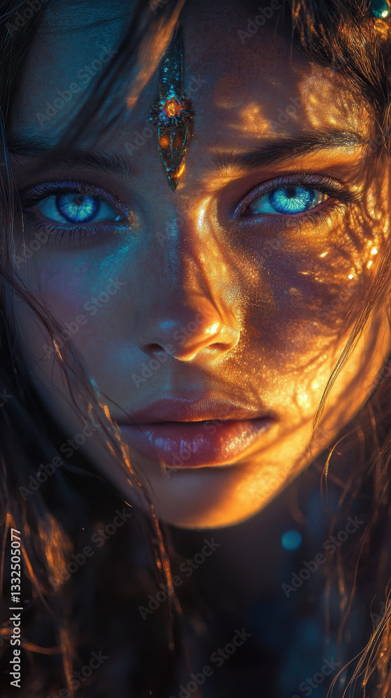 Ethereal Beauty Portrait: Close-Up of Glamorous Model with Shimmering Makeup and Dreamy Expression Ethereal Beauty Portrait: Close-Up of Glamorous Model with Shimmering Makeup and Dreamy Expression