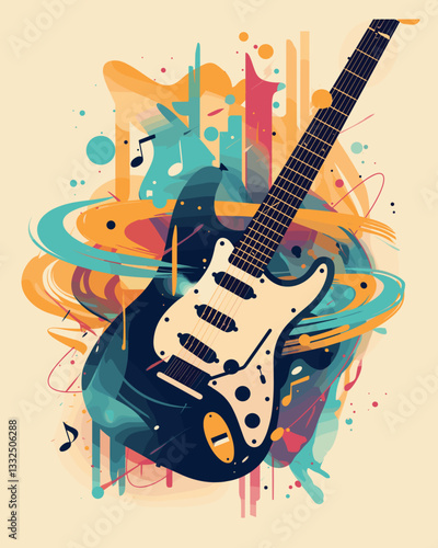 Electric guitar surrounded by abstract sound waves representing music festival in vibrant colors
