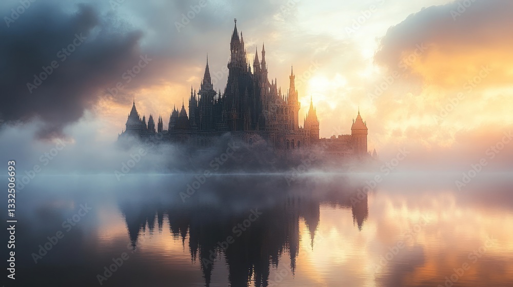 Obraz premium Mystical Castle on a Misty Lake at Sunrise