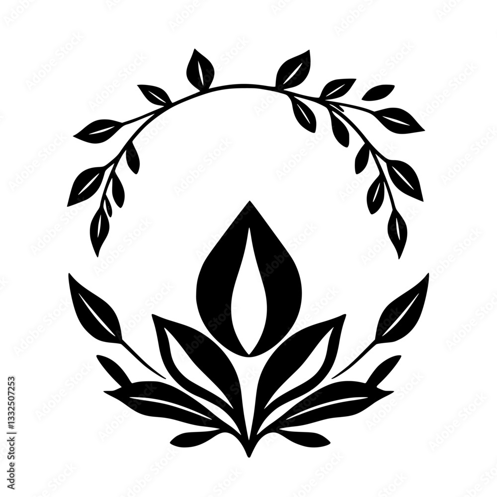 Minimalist black floral design with symmetrical petal pattern, encircled by a leafy semi-circle element, set on a white background. Minimalist black floral design with symmetrical petal pattern, encircled by a leafy semi-circle element, set on a white background.
