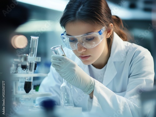woman sciencetist testing with glass bottle in laboratory