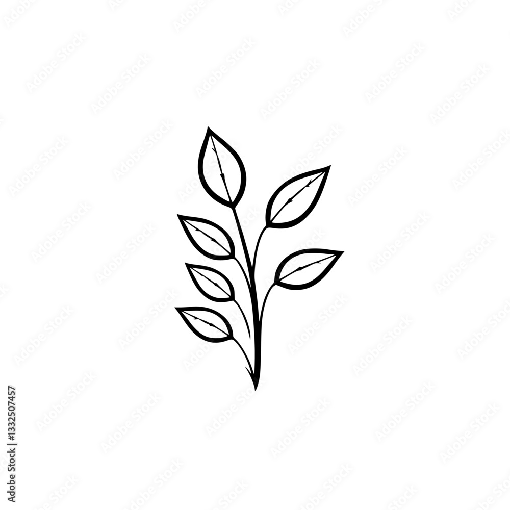 Minimalist Black and White Illustration of a Leafy Branch, Displaying Delicate Symmetry and Simple Elegance Against a Pristine White Background. Minimalist Black and White Illustration of a Leafy Branch, Displaying Delicate Symmetry and Simple Elegance Against a Pristine White Background.