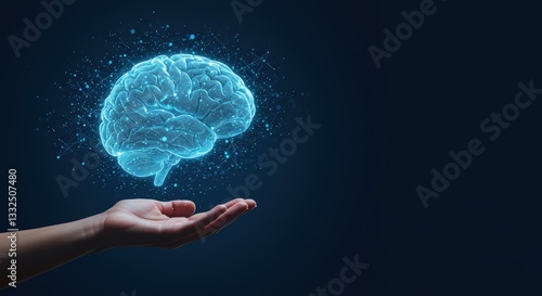 A blue light illuminates the 3D human hand holding the brain sphere, a concept of medical science and mind power