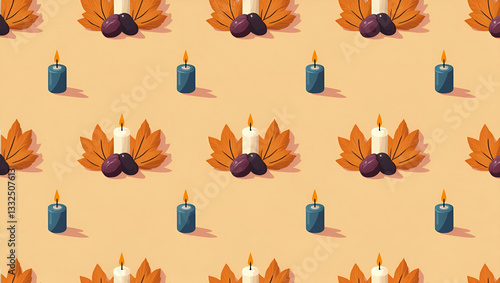 Flat Autumn warmth seamless tile pattern with candles and acorns for intimate fall home decor concept as Candles and acorns arranged seamlessly with autumn leaves to create intimate and warm fall home