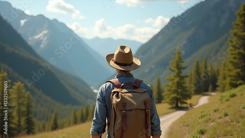 Young Traveler Hiking Outdoors: Adventure Lifestyle with Backpack