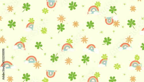 Festive Spring Accents: Vibrant Shamrocks and Rainbows in a Seamless Tile Pattern - A Cute Vector Illustration for Smart Business Designs