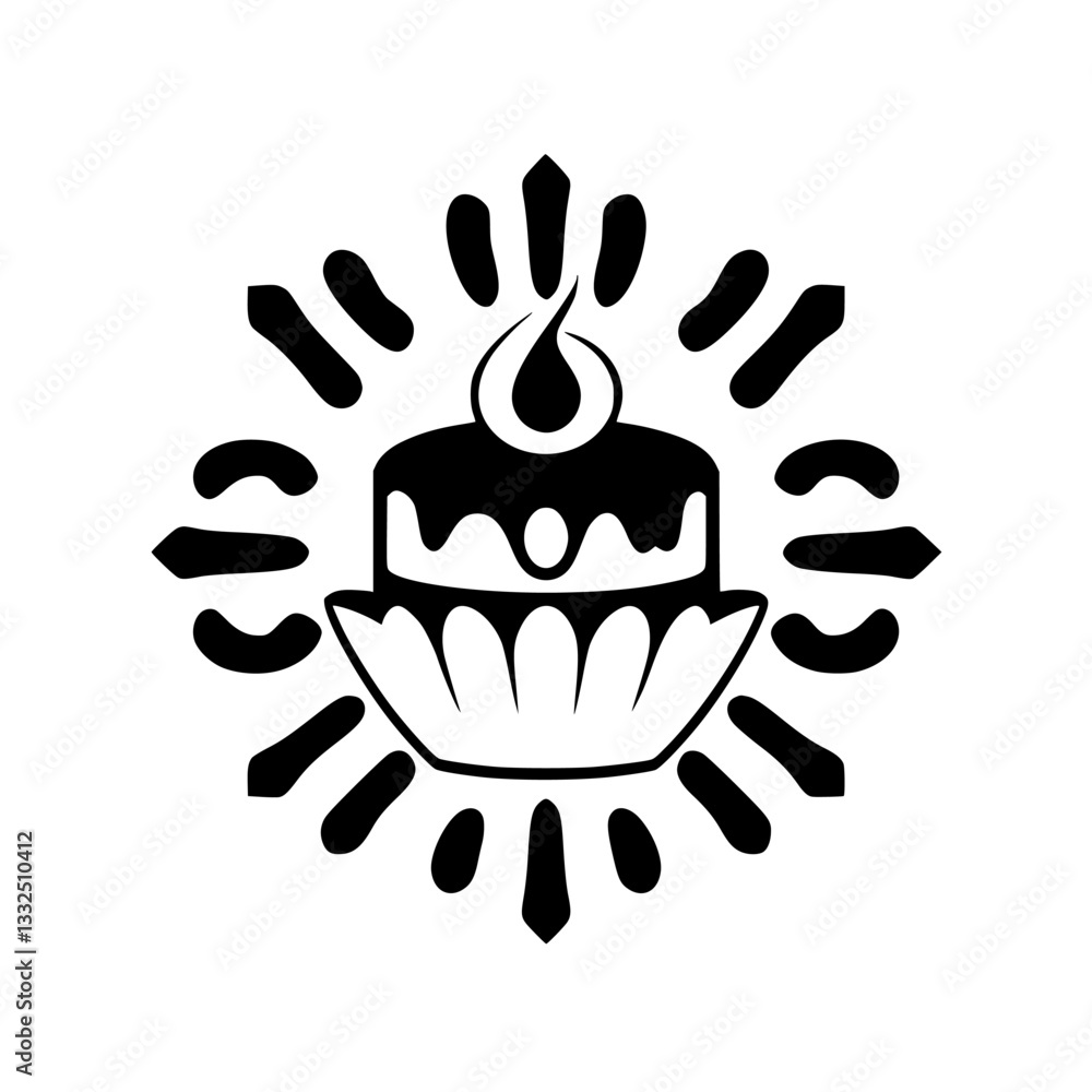 Obraz premium Black and white vector illustration of a stylized cake with a flame on top, surrounded by radiating elements, evoking a sense of celebration and light.