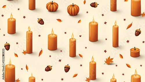 Seamless Flat Autumn Warmth Tile Pattern: Intimate Fall Home Decor with Candles, Acorns, and Autumn Leaves - Cute Vector Illustration for Cozy Seasonal Aesthetics