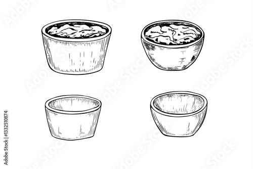 Vector small empty porcelain sauce bowls and with dipping sauces line ink illustration in black and white. Monochrome ceramic pots of different shapes clip art. Side view of blank ramekin set