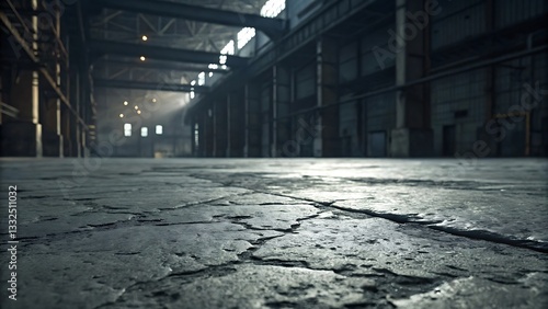 Dramatic Industrial Interior: Low Angle Shot of Cracked Concrete Floor with Light Rays Shining Through.