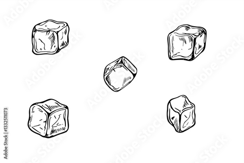 Monochrome vector single ice cubes with smooth edges set illustration painted by black inks. Etching drawing of frozen juice or water cube for drinks. Food elements for menu, cocktail party